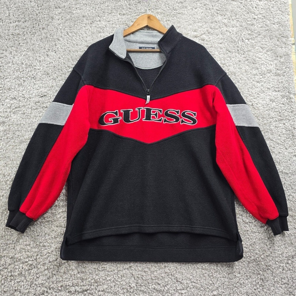 Guess Classics Fleece Pullover Mens‎ Medium Black Red Colorblock 1/4 Zip Retro